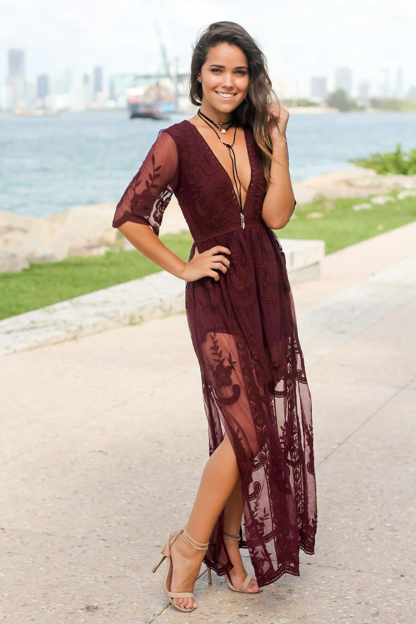 Burgundy Lace Maxi Romper