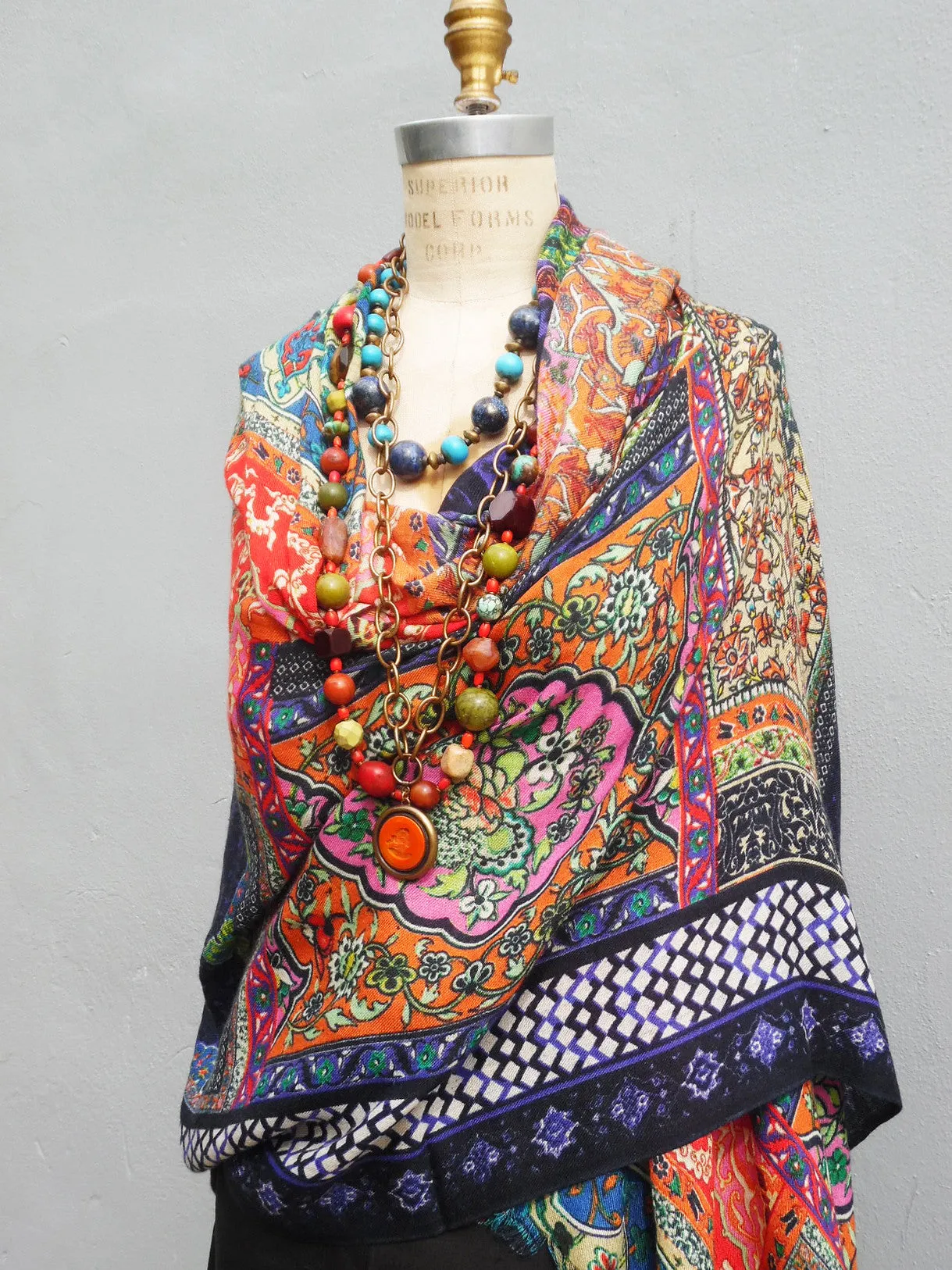 Cape Shawl Silk And Cashmere Navy And Brown Batik