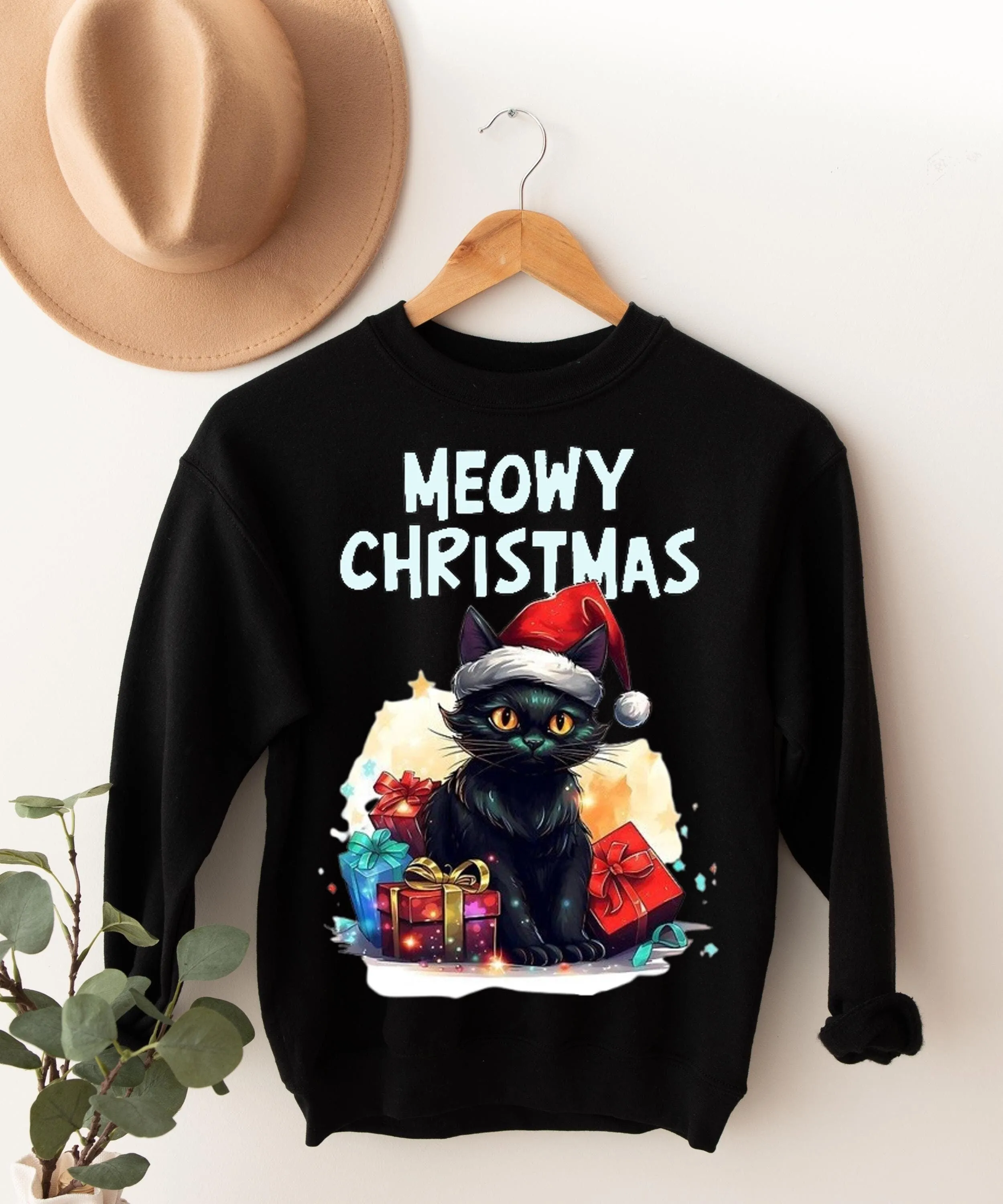Christmas cat sweater,BLACK CAT Santa Hat Christmas Lights Jumper, Funny Family Holiday swaeter, Cat Lovers Xmas Sweatshirts