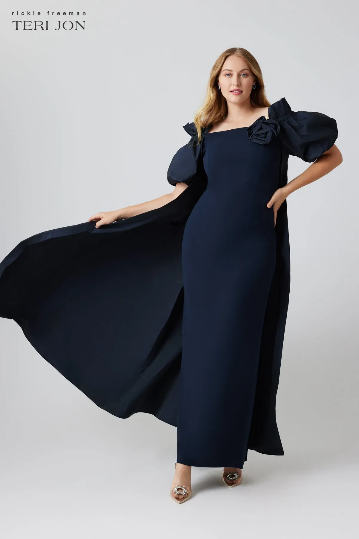 Crepe And Taffeta Evening Gown With Cape