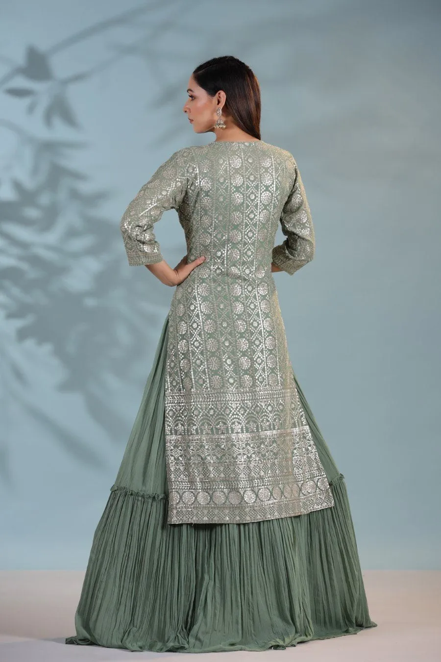 Dusky Green Sequin Embellished Gown with Cape