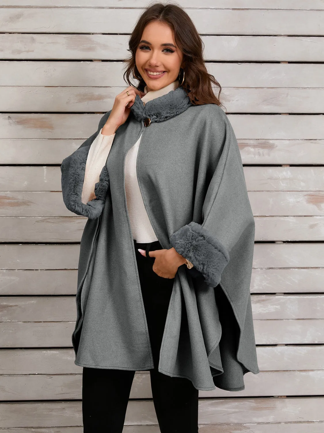Explore More Collection - Fuzzy Trim Long Sleeve Poncho