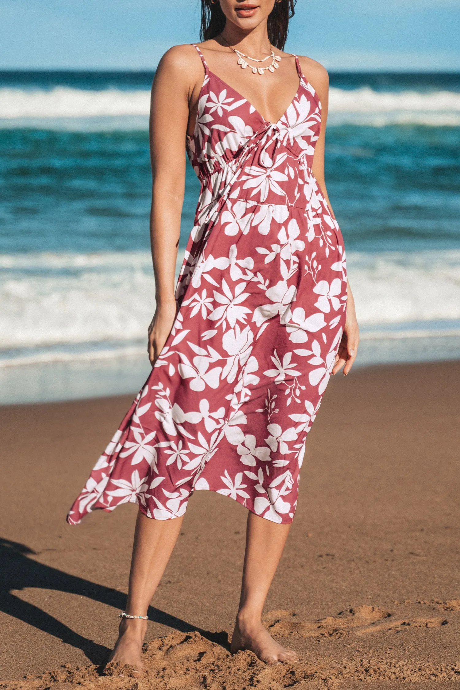 Floral Print Plunging Drawstring Dress