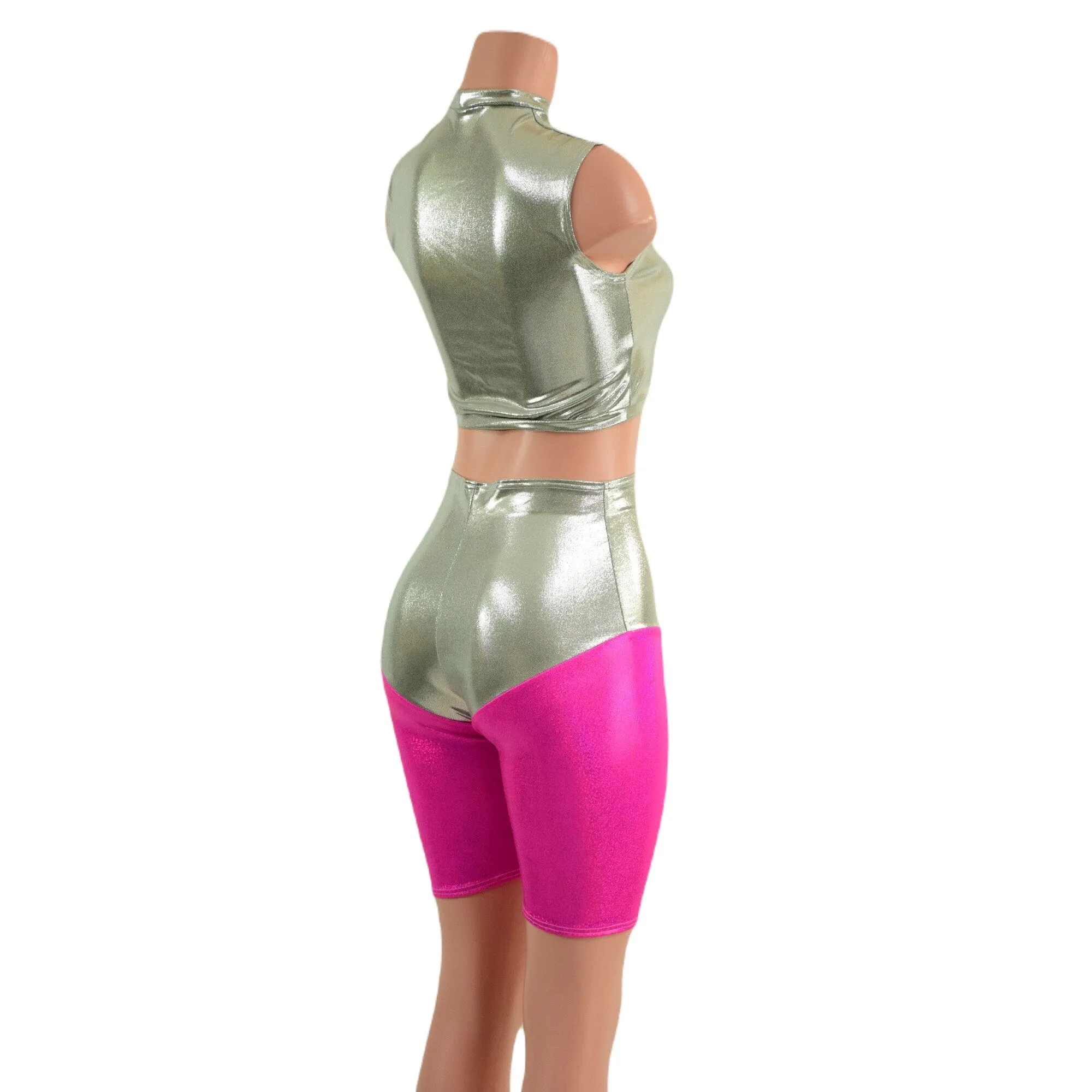Fonda Shorts and Inset Mesh Keyhole Crop in Platinum Metallic