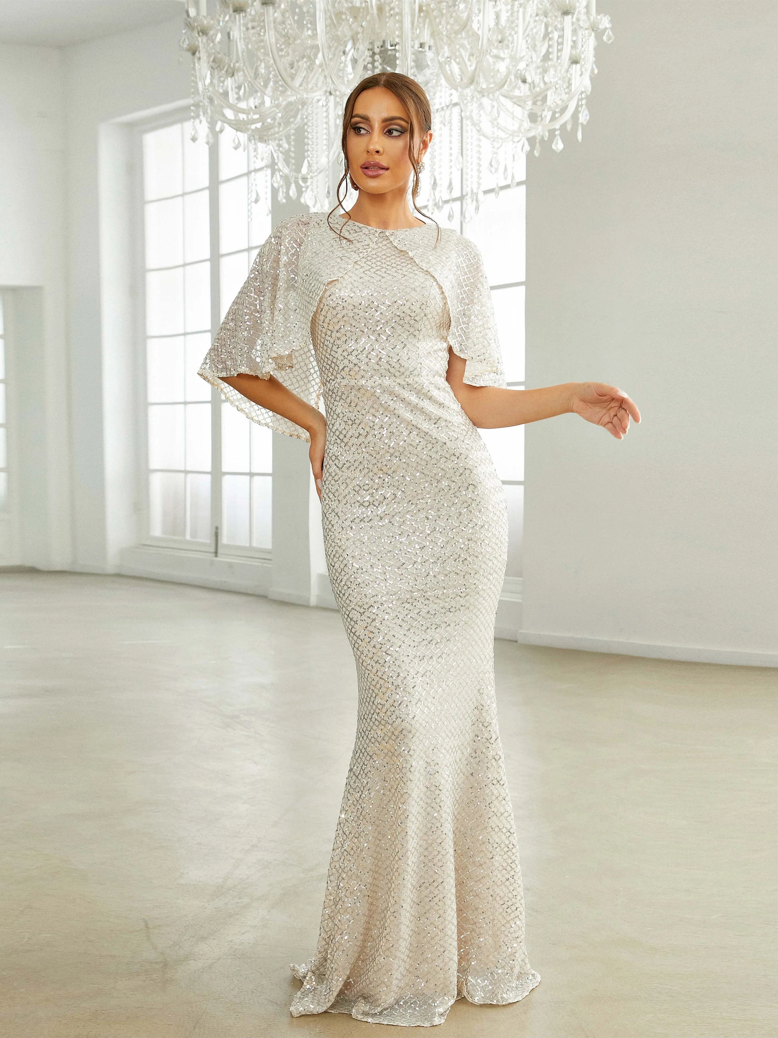 Formal Crew Neck Apricot Sequin Mermaid Evening Dress RH30584