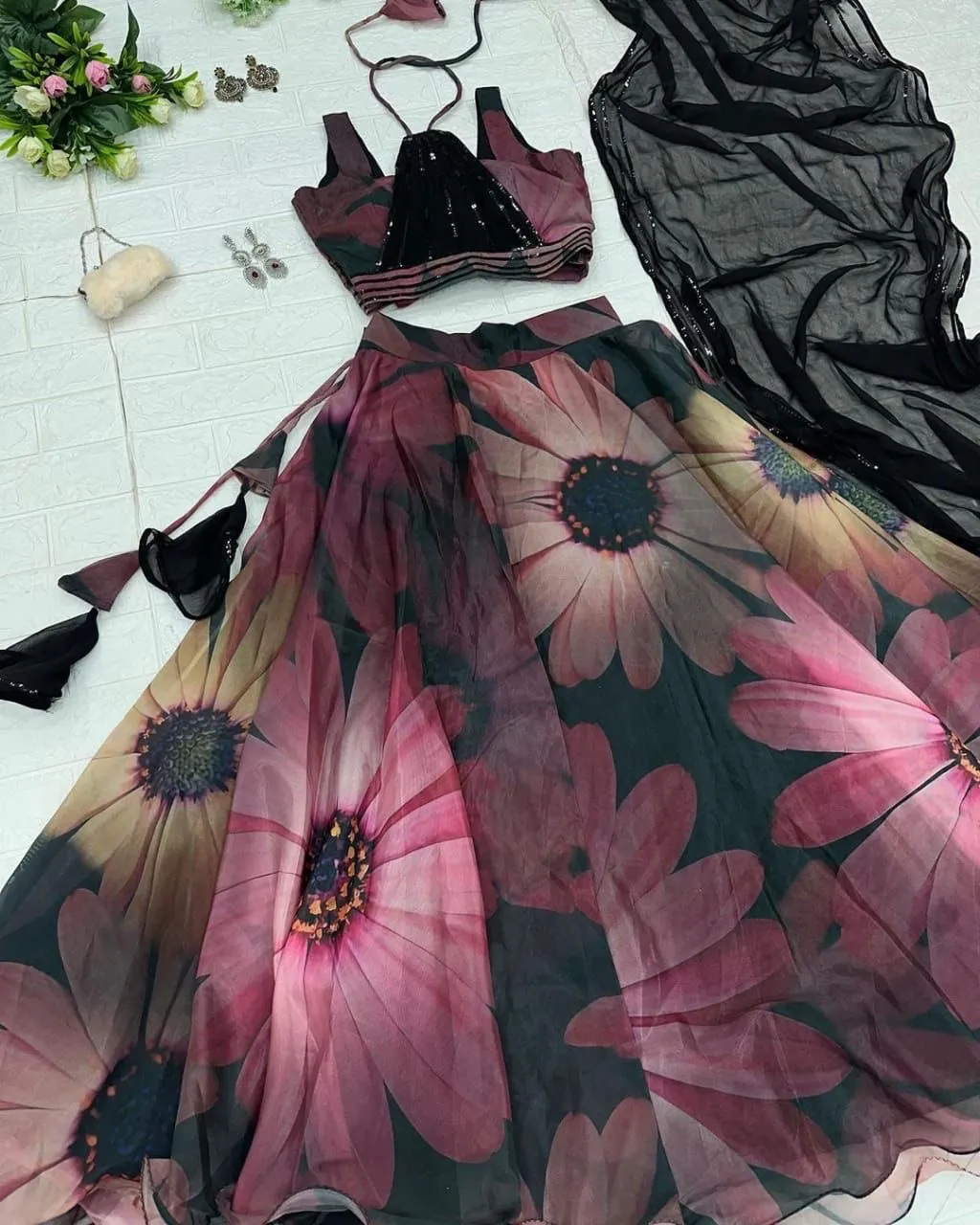 Gorgeous Black Color Digital Print Organza Lehenga Choli