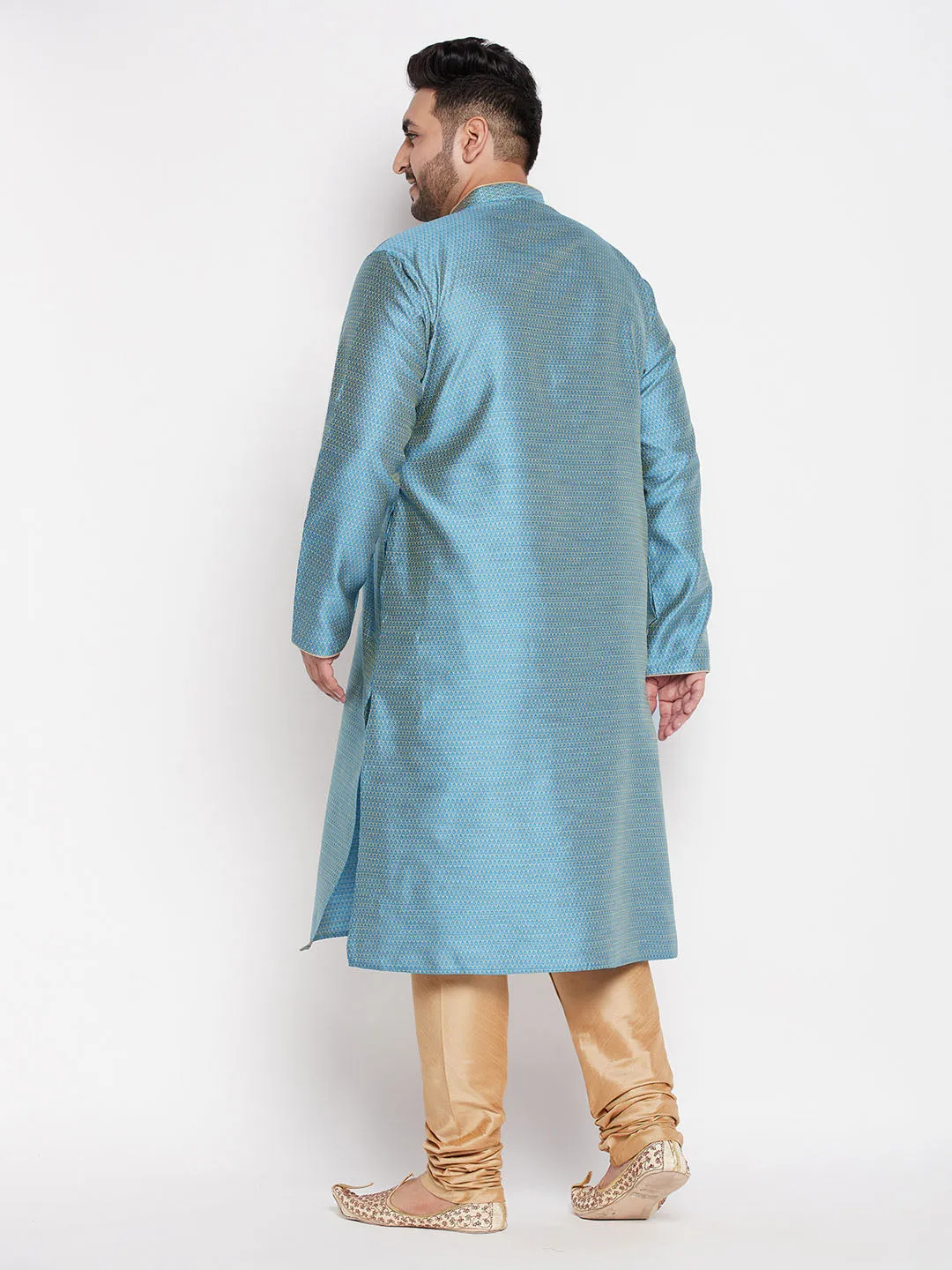 Jashvi Men's Plus Size Aqua Blue Woven Kurta And Rose Gold Pyjama Set