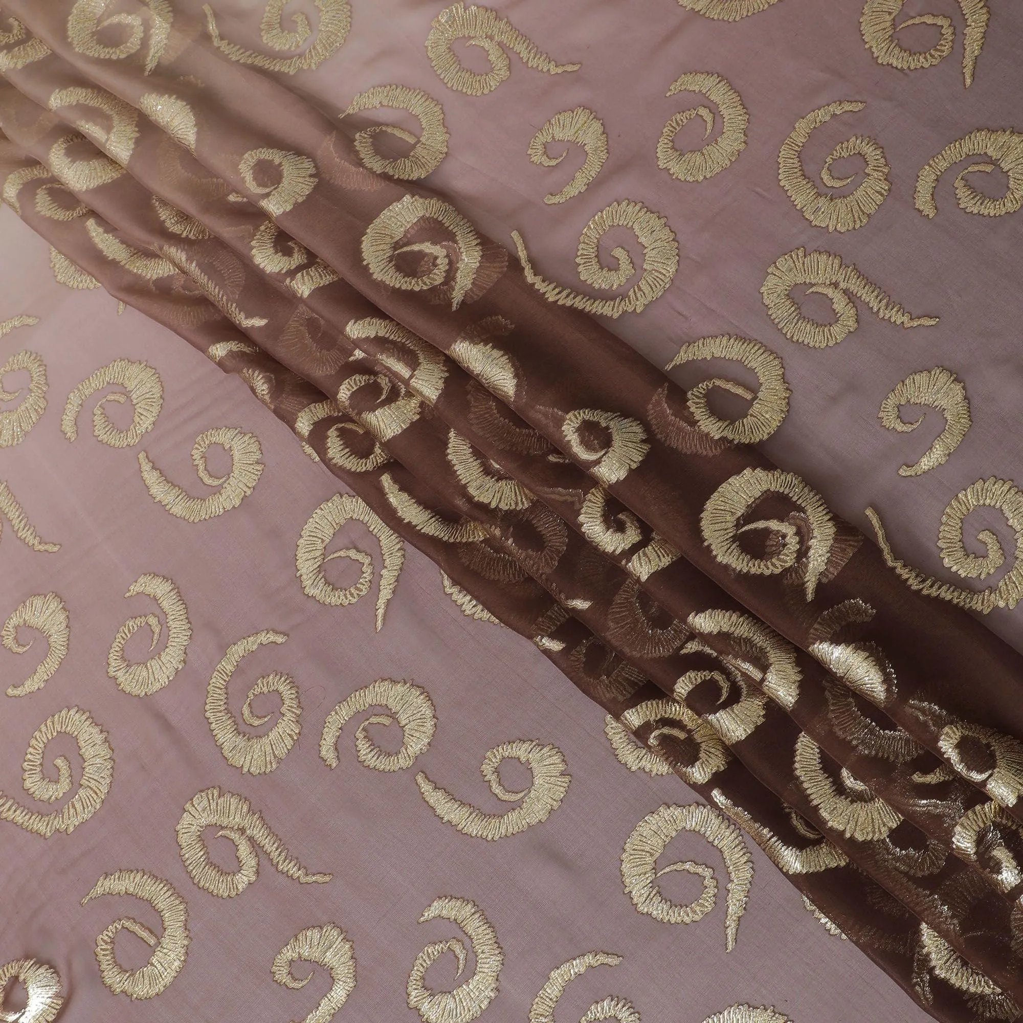 Light brown to brown premium pure silk chiffon fabric with gold metallic lurex in ombre design-D13714