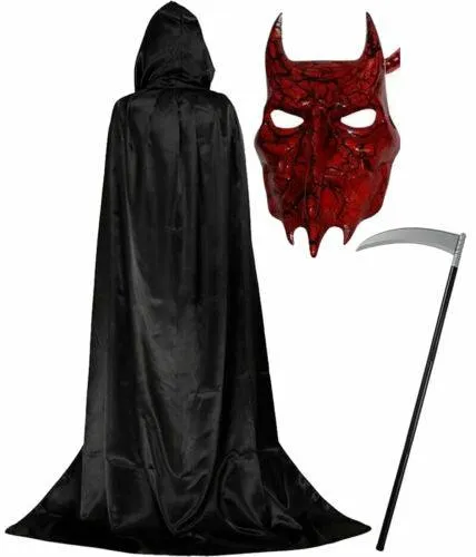 Satin Hooded Cape Devil Metallic Mask Grim Reaper Scythe Halloween Fancy Dress