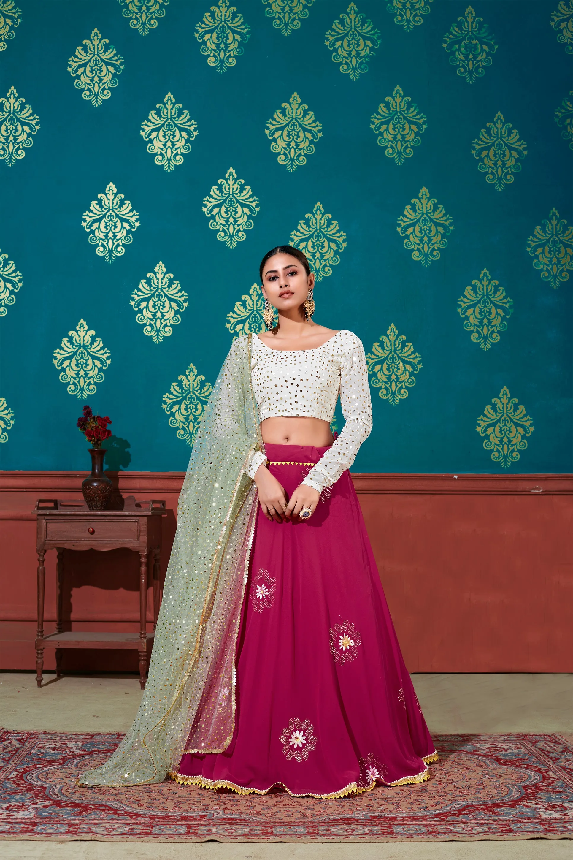 White & Pink Foil Printed Georgette Party Wear Lehenga Choli