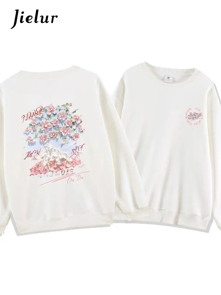 White Classic Floral Printing Casual Female Hoodies Winter Solid Color Loose Classic O-neck Simple Fashion Women Hoodies