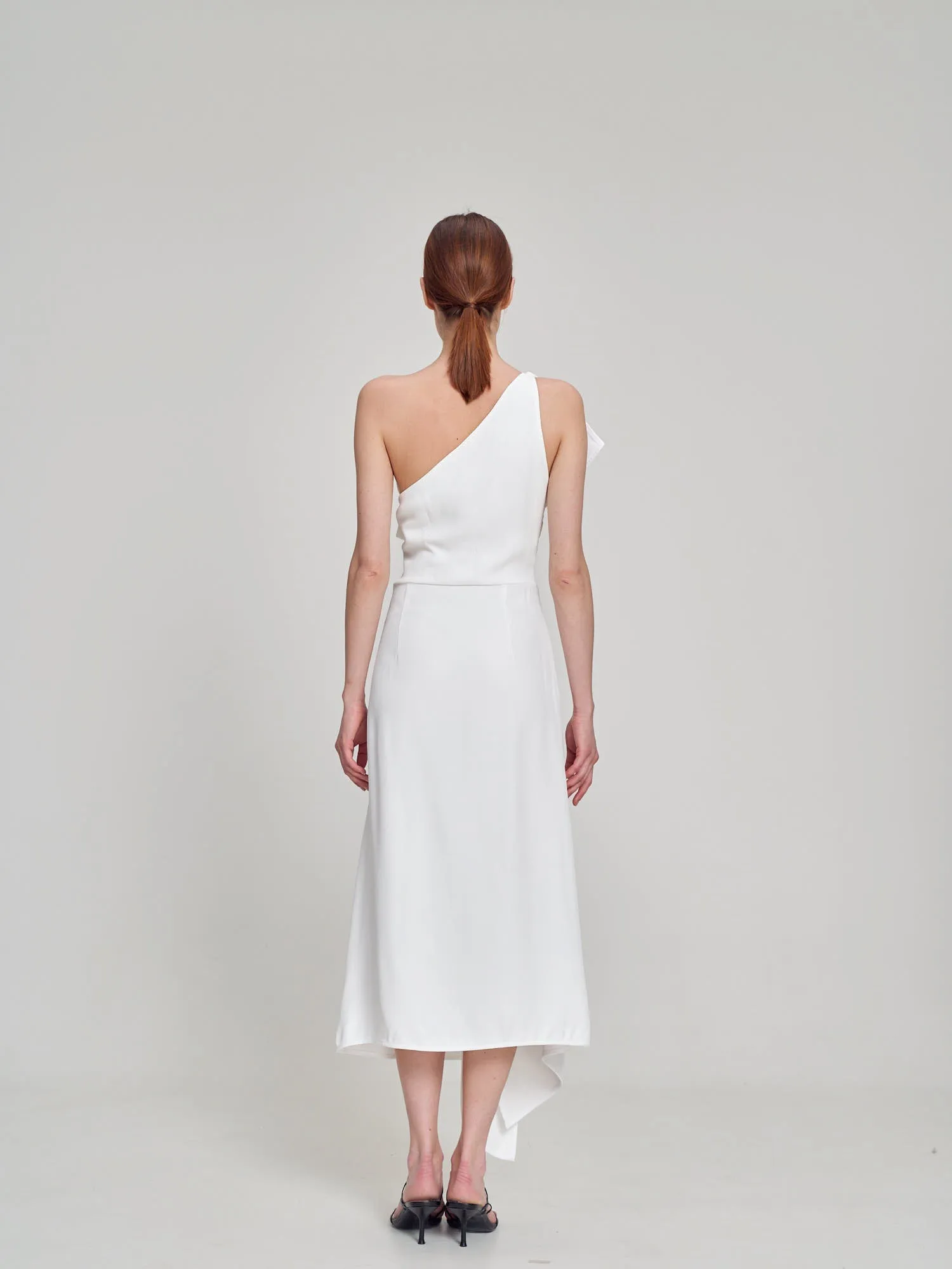 White One-Shoulder Asymmetrical Ruffle Flared Evening Midi Dress