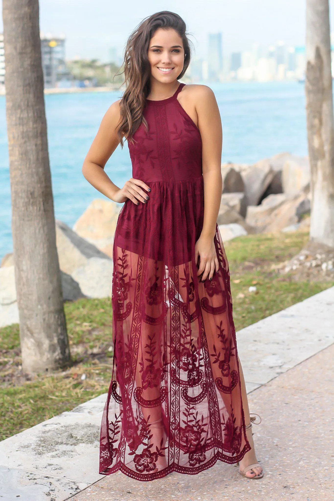 Wine Halter Neck Lace Maxi Romper