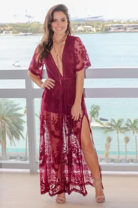 Wine Lace Maxi Romper