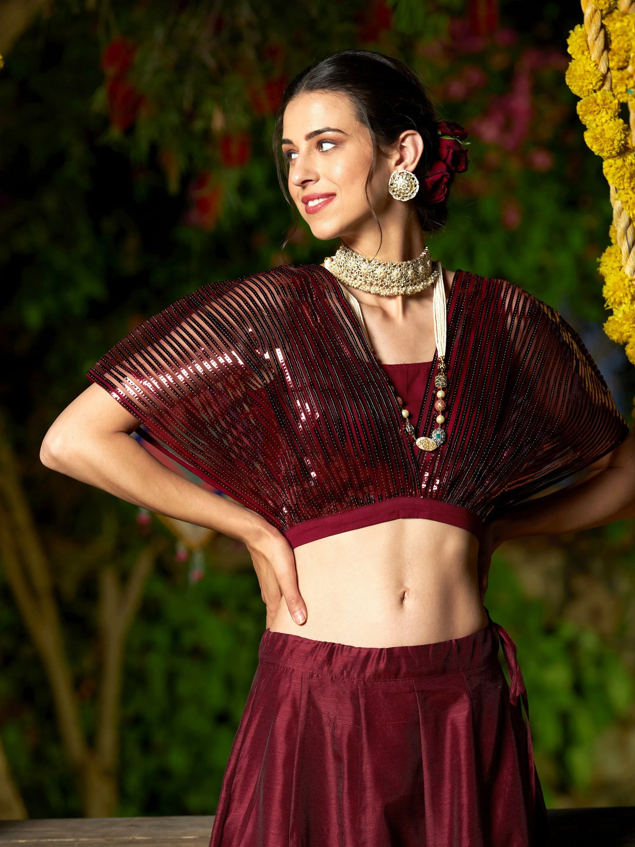 Women Maroon Mesh Metallic Stripe Detail Crop Top