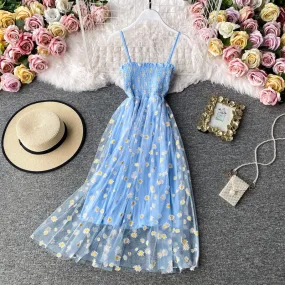 Yeknu Slip Dress Long Mesh Floral Dress Women Vintage Elegant Sexy Beach Dresses Woman Party Night Korean Kawaii Ruffle Backless