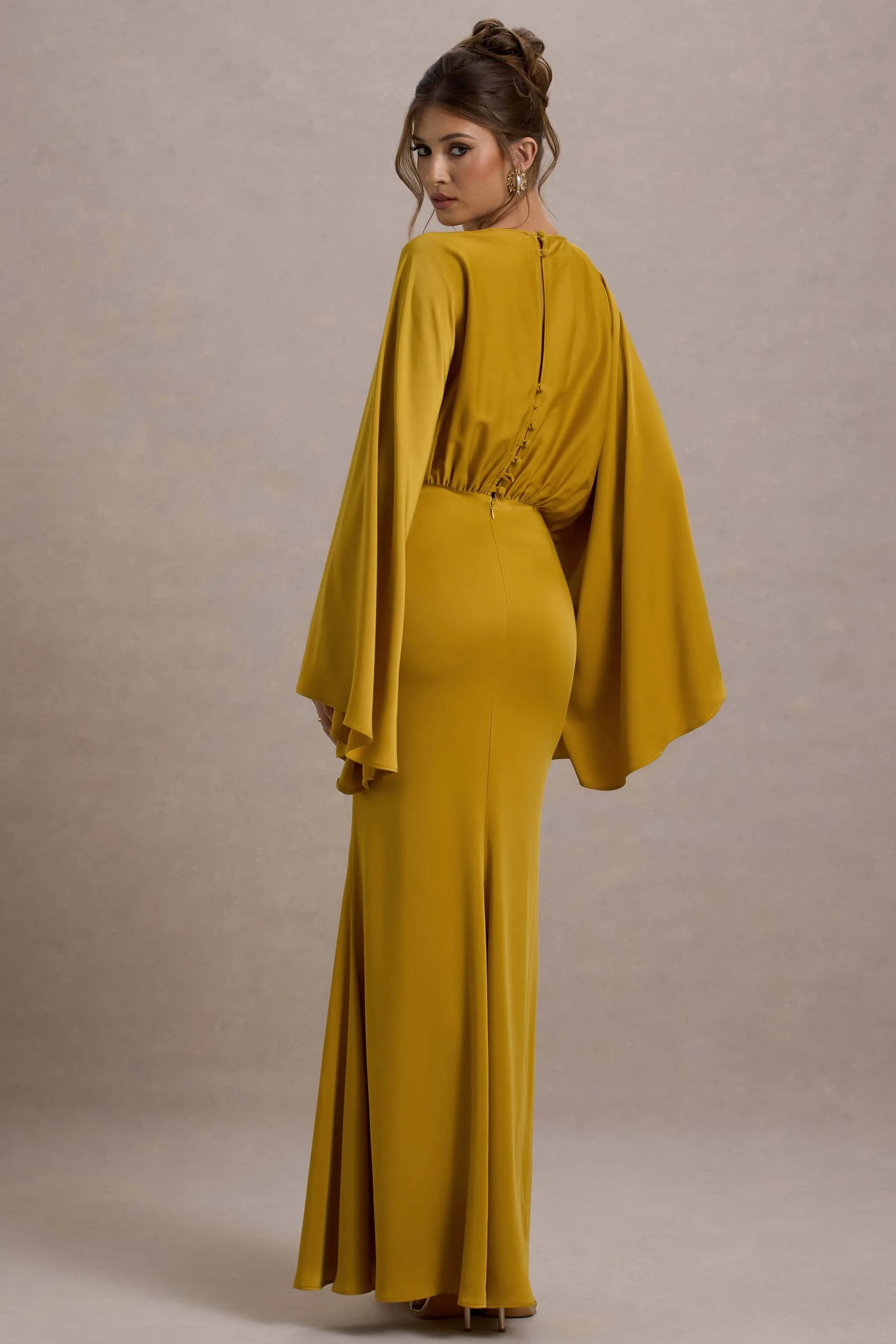 Zuzanna | Mustard Draped Maxi Dress With Cape Sleeves